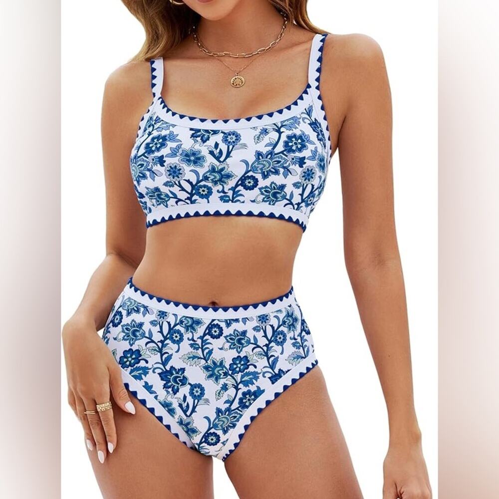 Herseas NEW Blue & White Floral 2 Piece Bikini Set Scoop Neck High Waist Large